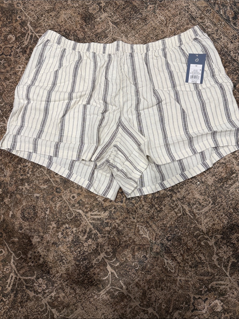 Striped Casual Linen-Look Shorts - Cream & Gray 1X new with tag